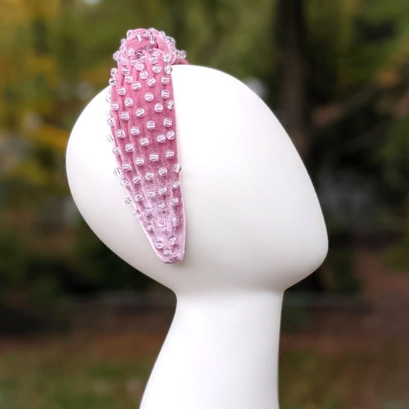 Mauve Pink Beaded Knotted Velvet Headband Crystal Clear Acrylic Beads Handmade main image 4